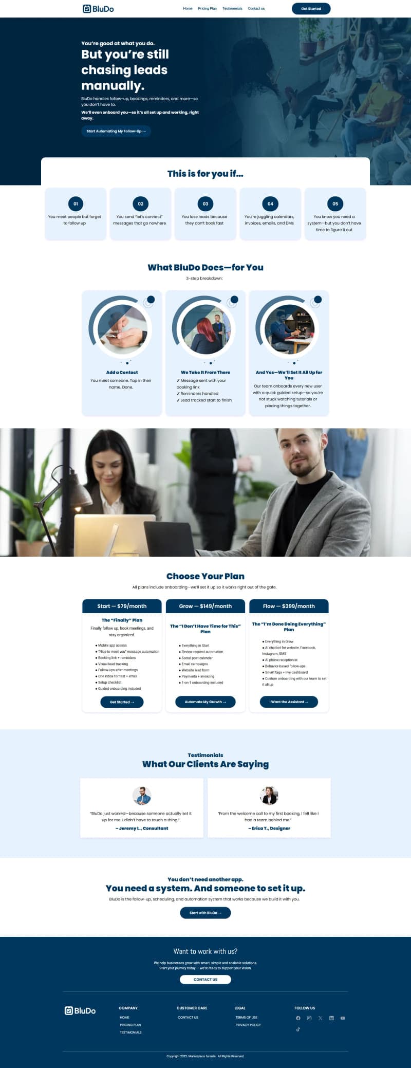 BluDo — Lead Follow-Up System — full page design